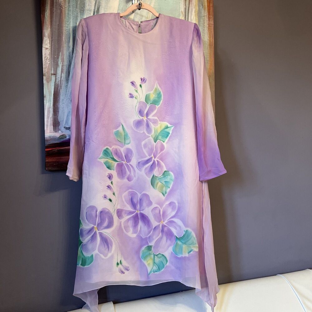 Yolanda Lorente Sz L Hand Painted 100%  Silk Midi Dress Lilac Green EXCELLENT